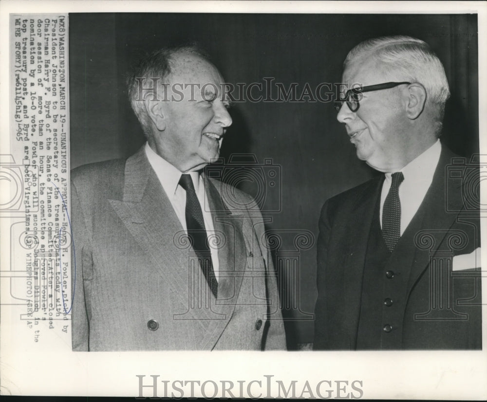 1965 Press Photo Henry Fowler &amp; Harry Byrd shown at the White House - now03764