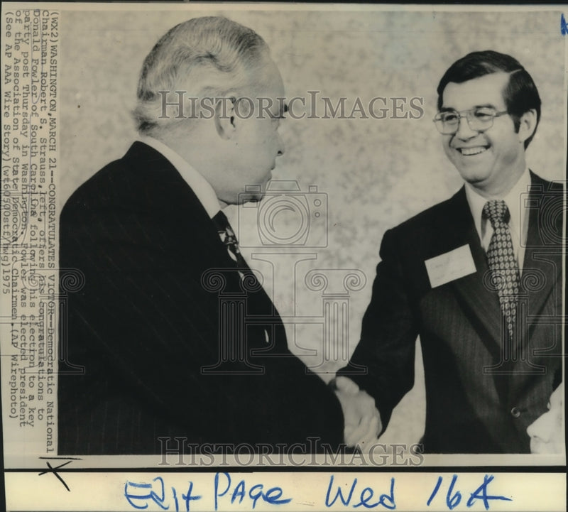 Load image into Gallery viewer, 1975 Press Photo DNC Robert Strauss congratulates Donald Fowler on election
