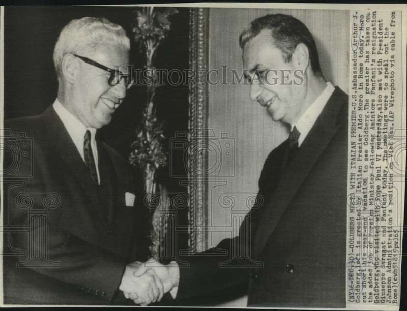 Load image into Gallery viewer, 1965 Press Photo U.S. Ambassador Goldberg greeted by Italian Premier Aldo Moro
