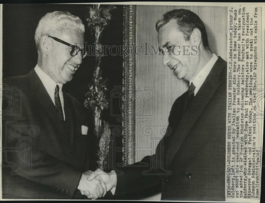 1965 Press Photo U.S. Ambassador Goldberg greeted by Italian Premier Aldo Moro