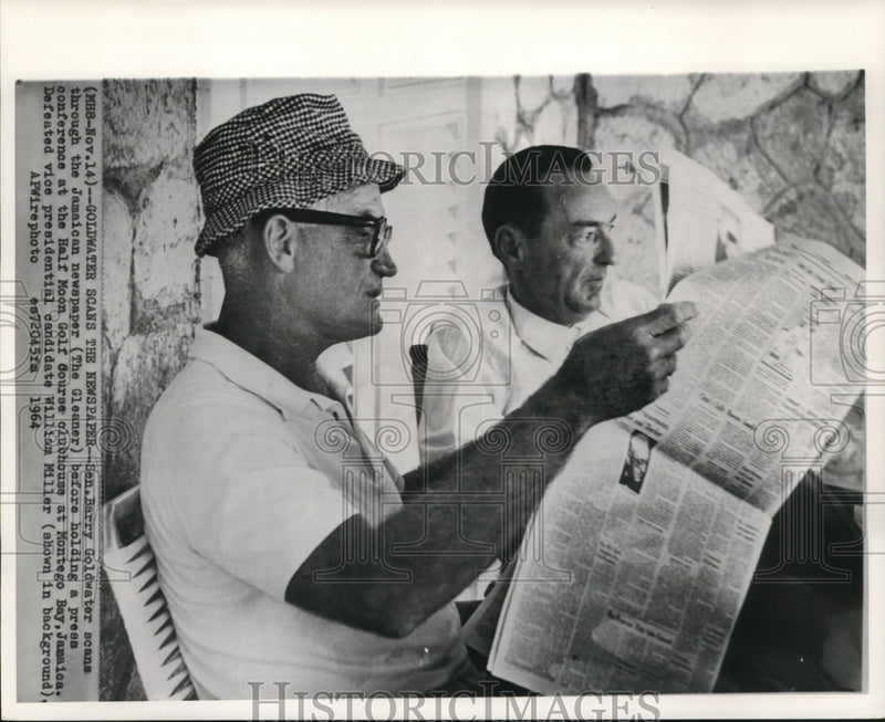 Load image into Gallery viewer, 1964 Press Photo Senator Barry Goldwater &amp; Miller scan newspaper in Jamaica.
