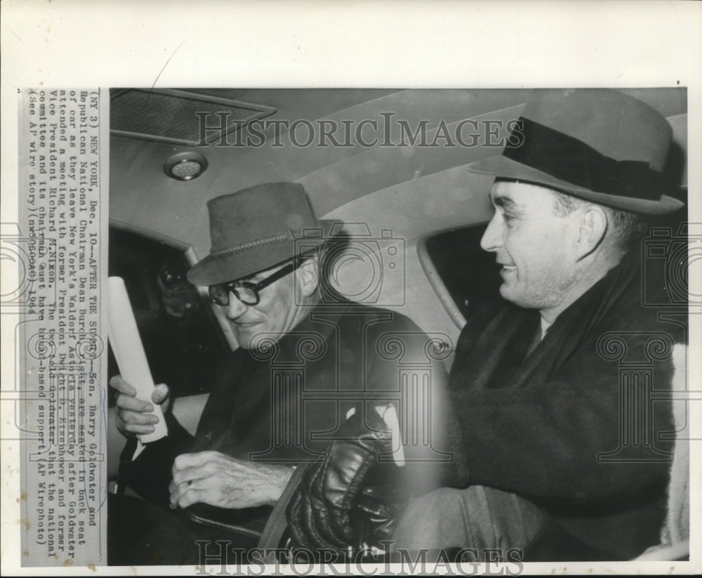 1964 Press Photo Senator Goldwater &amp; Dean Burch leaving Waldorf Astoria Hotel