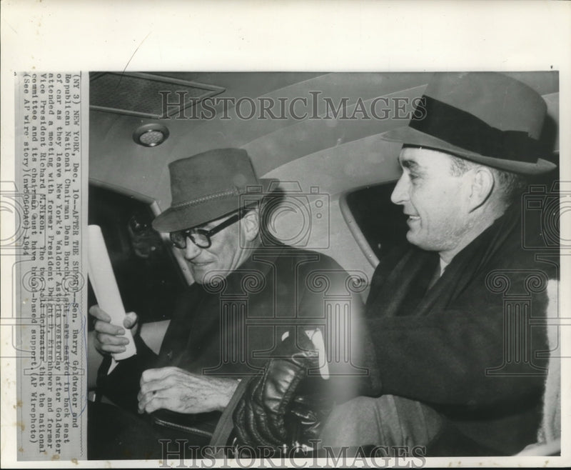 Load image into Gallery viewer, 1964 Press Photo Senator Goldwater &amp; Dean Burch leaving Waldorf Astoria Hotel
