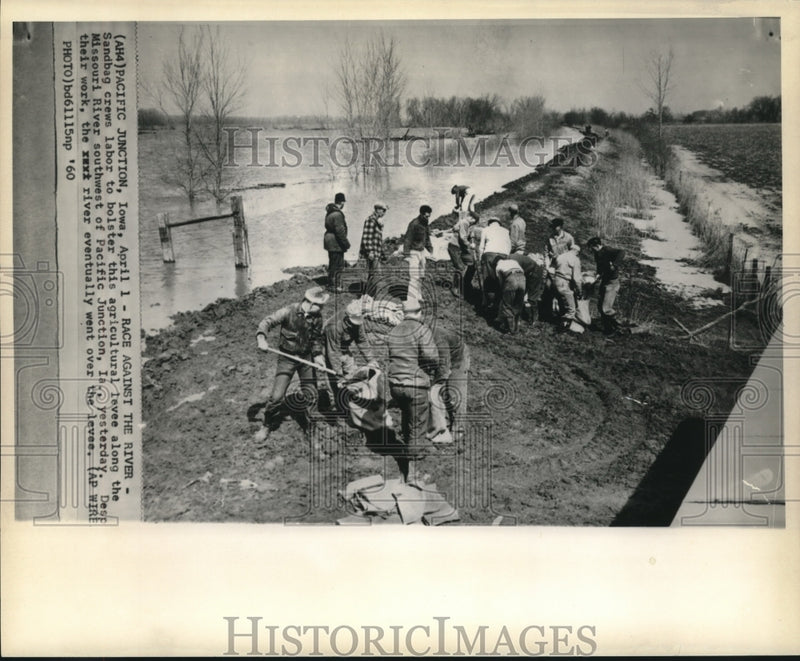 Load image into Gallery viewer, 1960 Press Photo Sandbag crews labor to build agriculture levee along MO River
