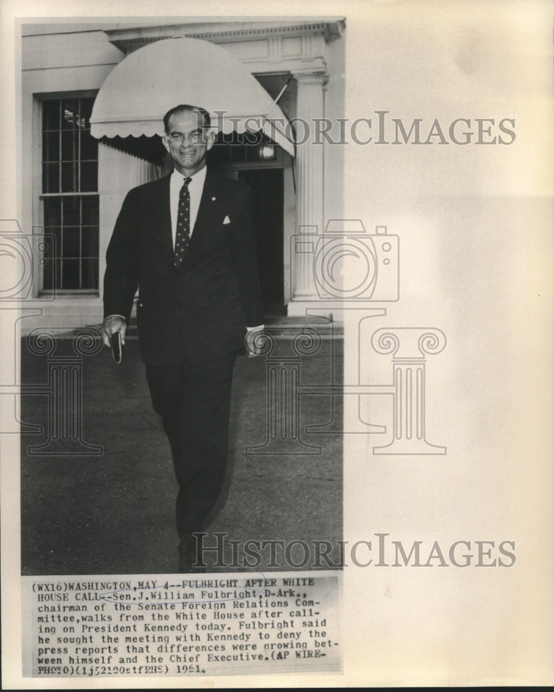 1961 Press Photo Senator Fulbright leaves White House after meeting with Kennedy