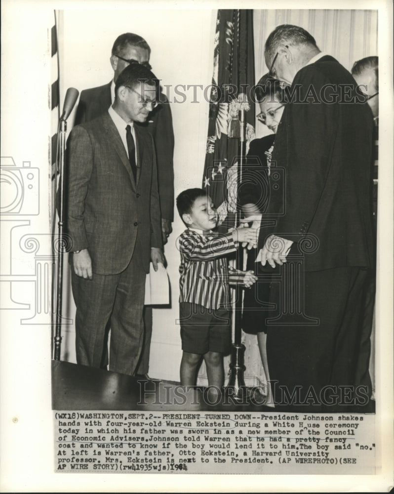 Load image into Gallery viewer, 1964 Press Photo President Johnson shakes hand with Warren Eckstein at ceremony
