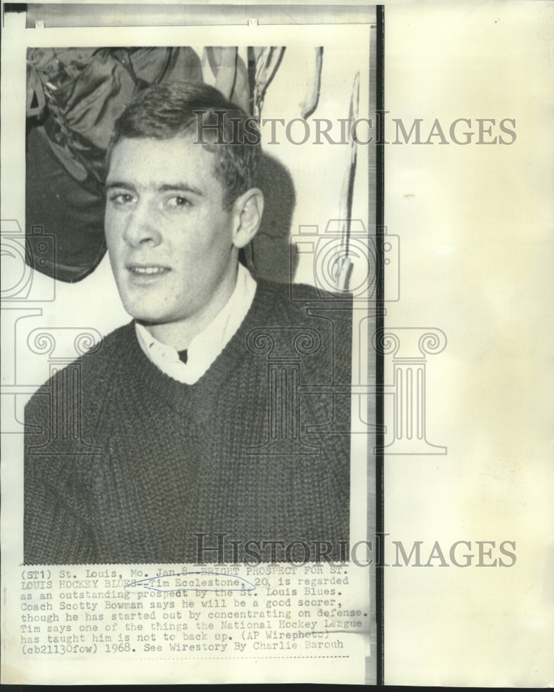 1968 Press Photo Tim Ecclestone, bright prospect for St. Louis Hockey Blues- Historic Images