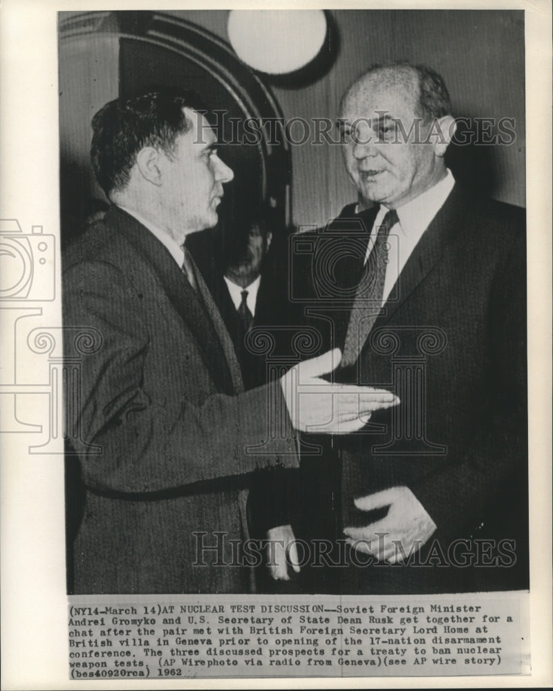 1962 Press Photo Soviet Foreign Minister Andrei Gromyko & Dean Rusk in Geneva