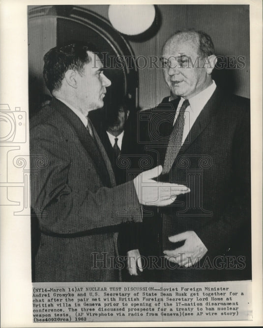 1962 Press Photo Soviet Foreign Minister Andrei Gromyko & Dean Rusk in Geneva