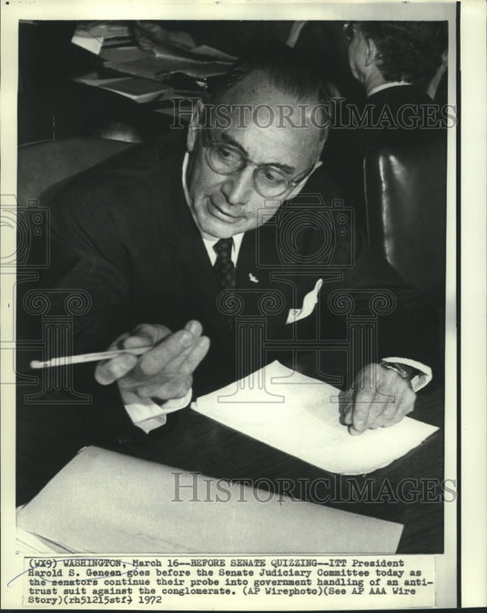 1972 Press Photo ITT President Harold Geneen at Senate Judiciary Committee