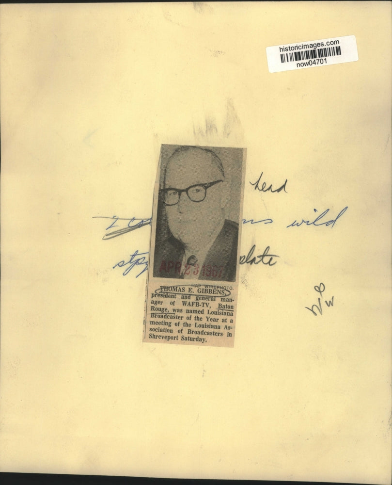 1967 Press Photo Thomas Gibbens named Louisiana Broadcaster of the Year.