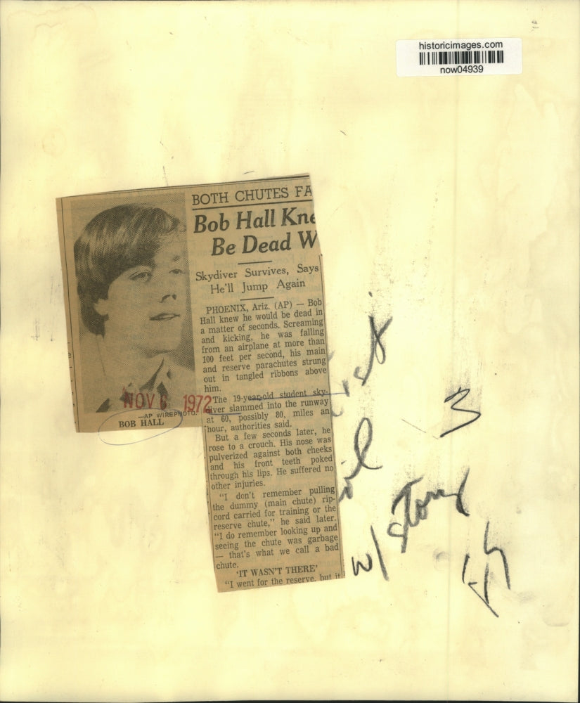 1972 Press Photo Bob Hall, student sky-diver, survived when parachutes failed