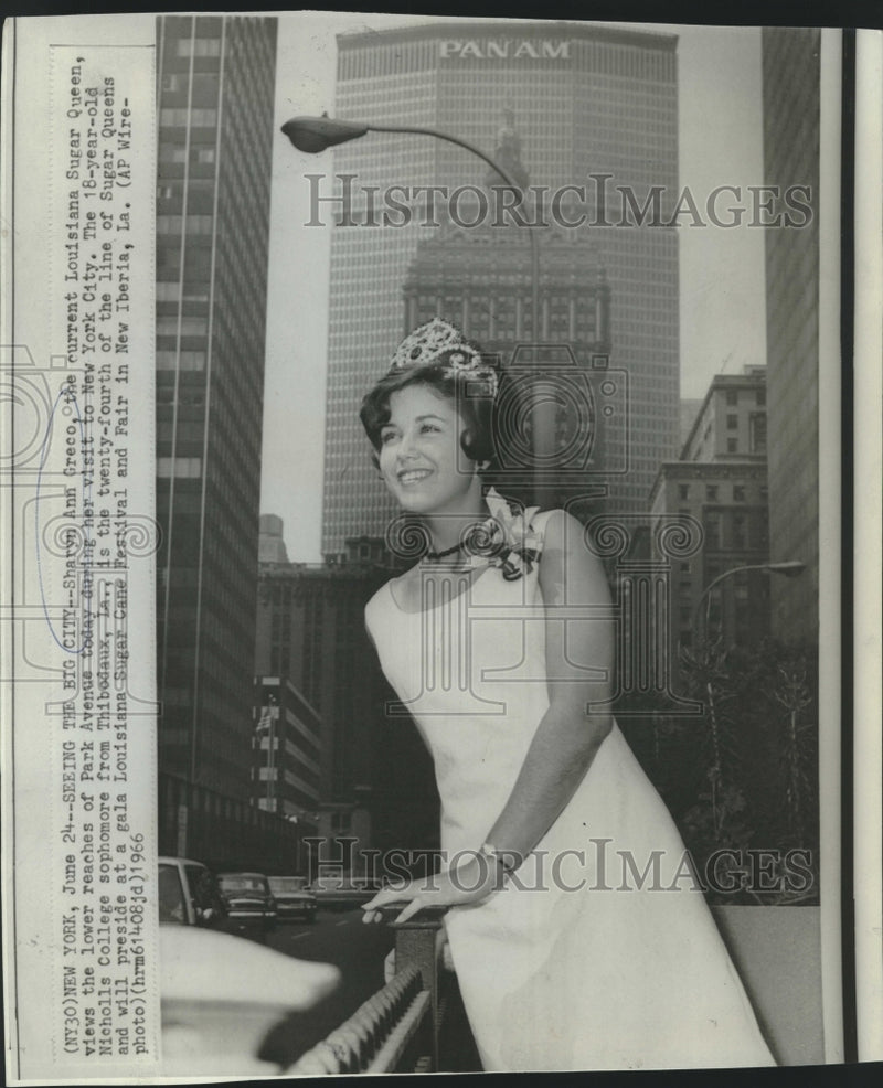 Load image into Gallery viewer, 1966 Press Photo Sharyn Ann Greco, Louisiana Sugar Bowl Queen, visits New York
