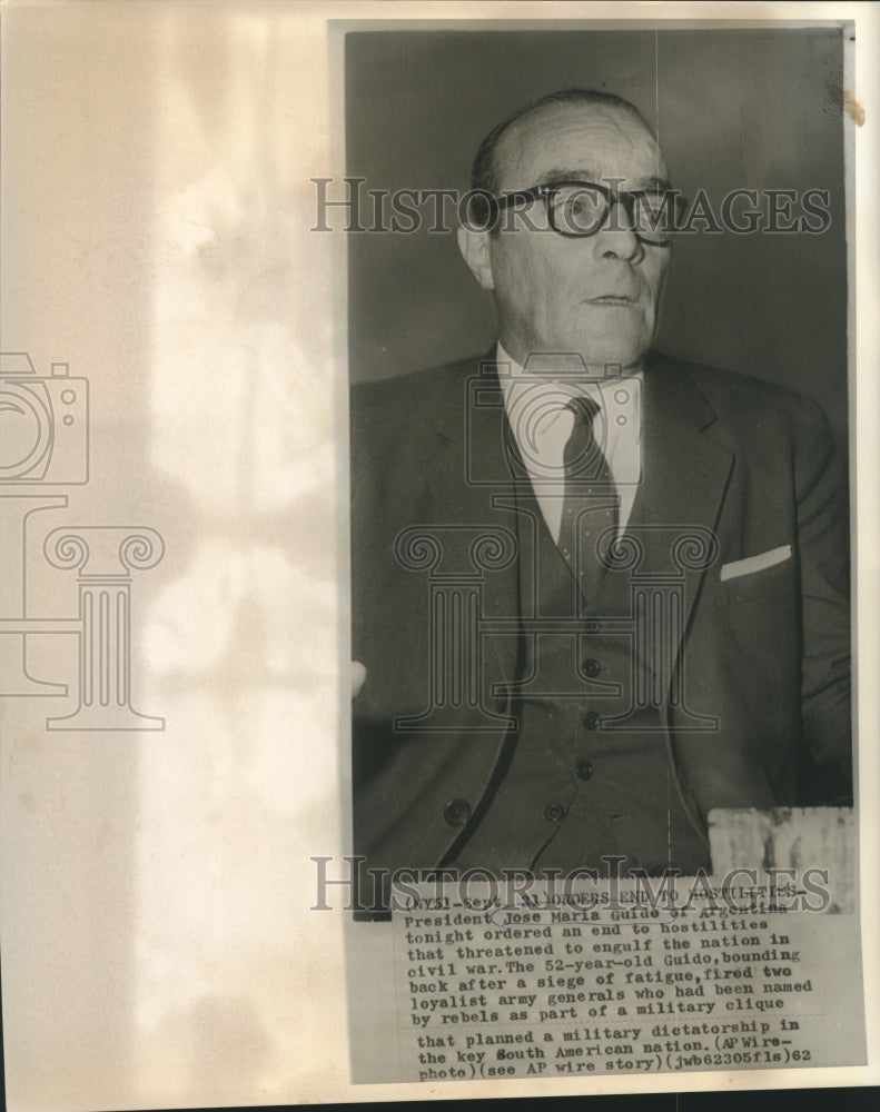 1962 Press Photo President of Argentina Jose Maria Guido - now05044