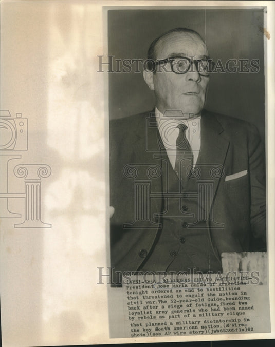 1962 Press Photo President of Argentina Jose Maria Guido - now05044