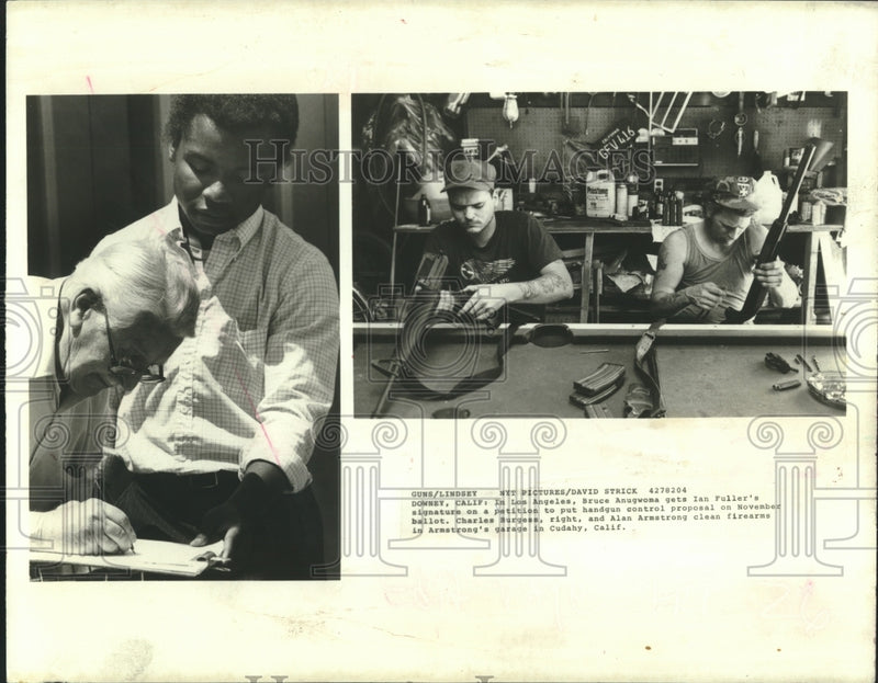 Load image into Gallery viewer, 1982 Press Photo Handgun control petition signed (L) and firearms being cleaned
