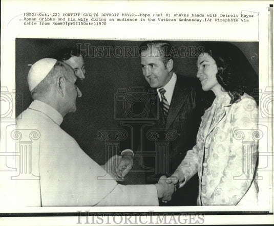 1970 Press Photo Pope Paul VI with Detroit Mayor Gribbs and wife at Vatican