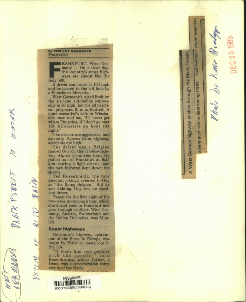 1985 Press Photo Acid rain destroys trees along West German Black Forest highway