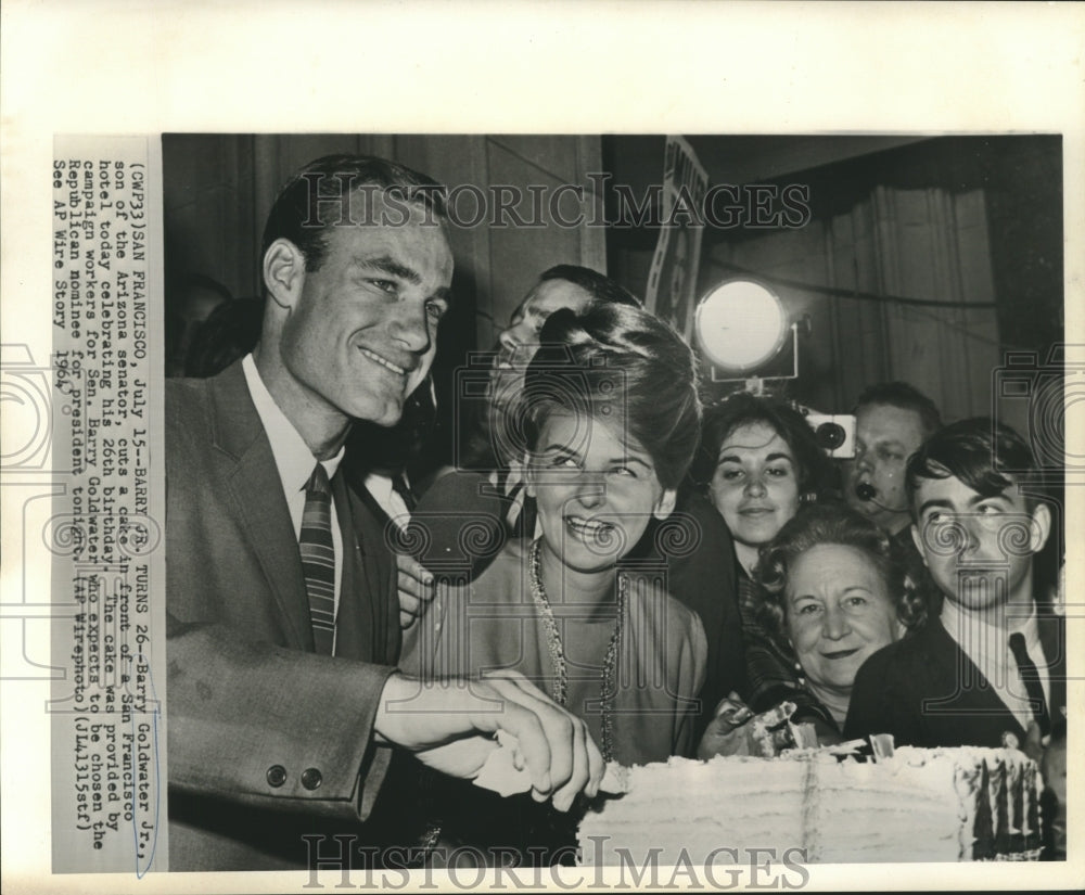1964 Press Photo Barry Goldwater, Jr., celebrates 26th birthday in San Francisco