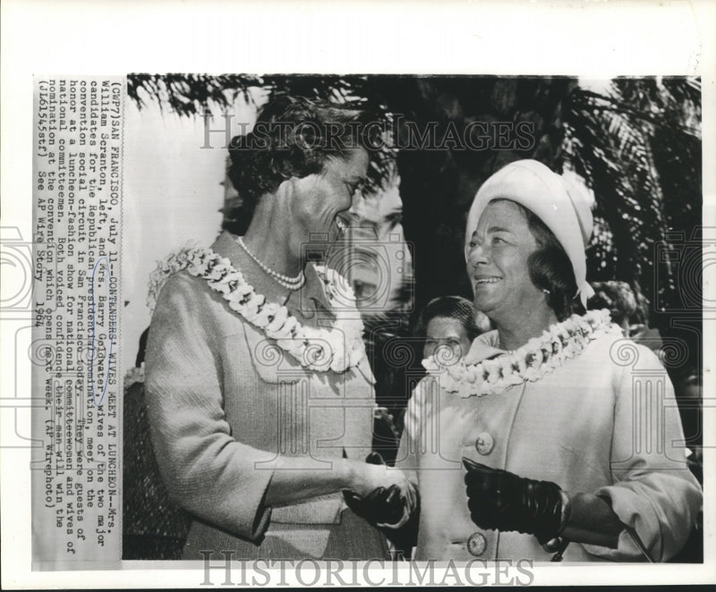 Load image into Gallery viewer, 1964 Press Photo Mrs. William Scranton &amp; Mrs. Barry Goldwater at luncheon in CA
