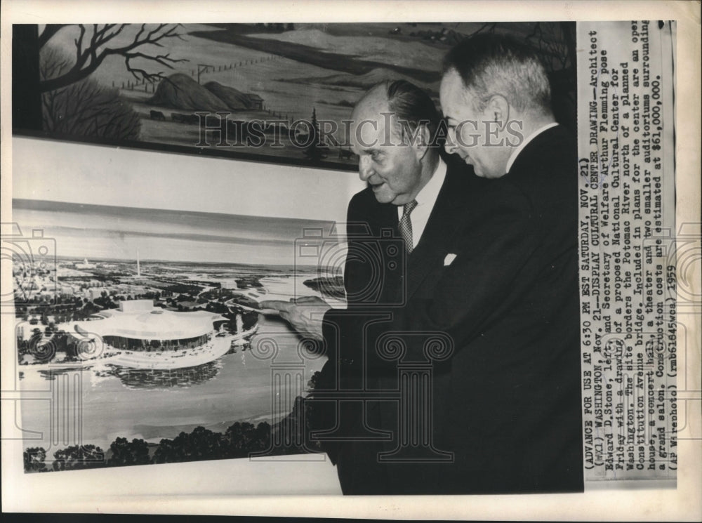 1959 Press Photo National Cultural Center drawing viewed by Stone & Flemming