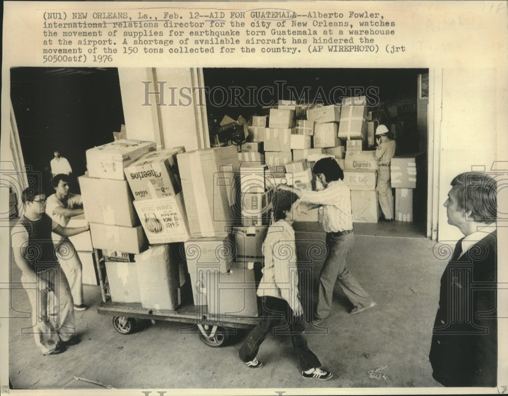 1976 Press Photo Aid supplies for Guatemala stored at airport warehouse in LA