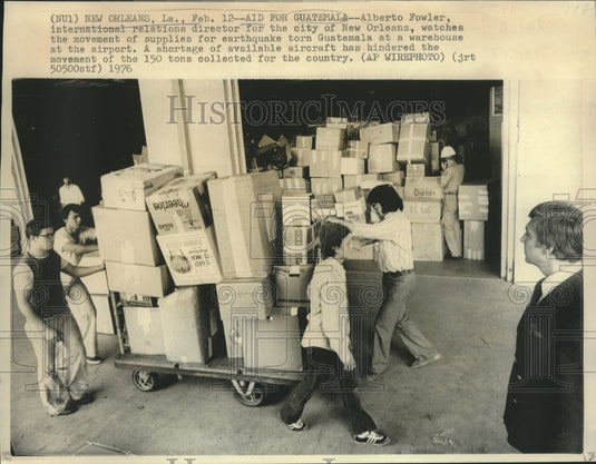 1976 Press Photo Aid supplies for Guatemala stored at airport warehouse in LA