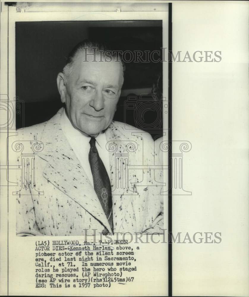 1957 Press Photo Kenneth Harlan, pioneer actor of silent screen era