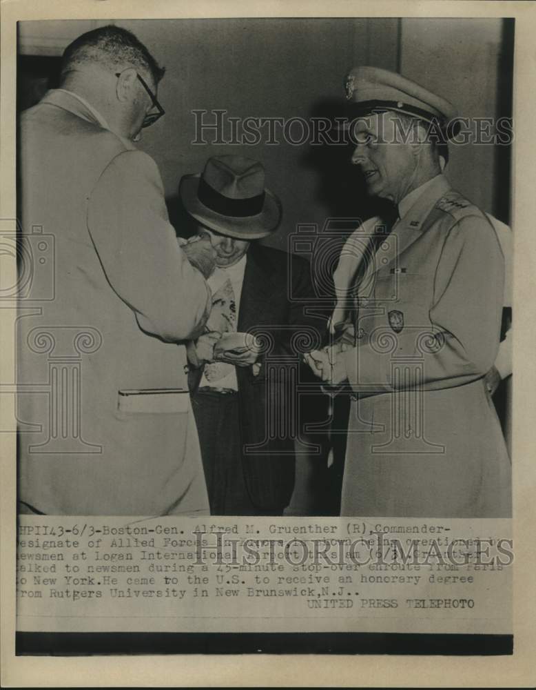 Load image into Gallery viewer, 1963 Press Photo General Alfred Gruenther with newsmen at Logan Airport, Boston
