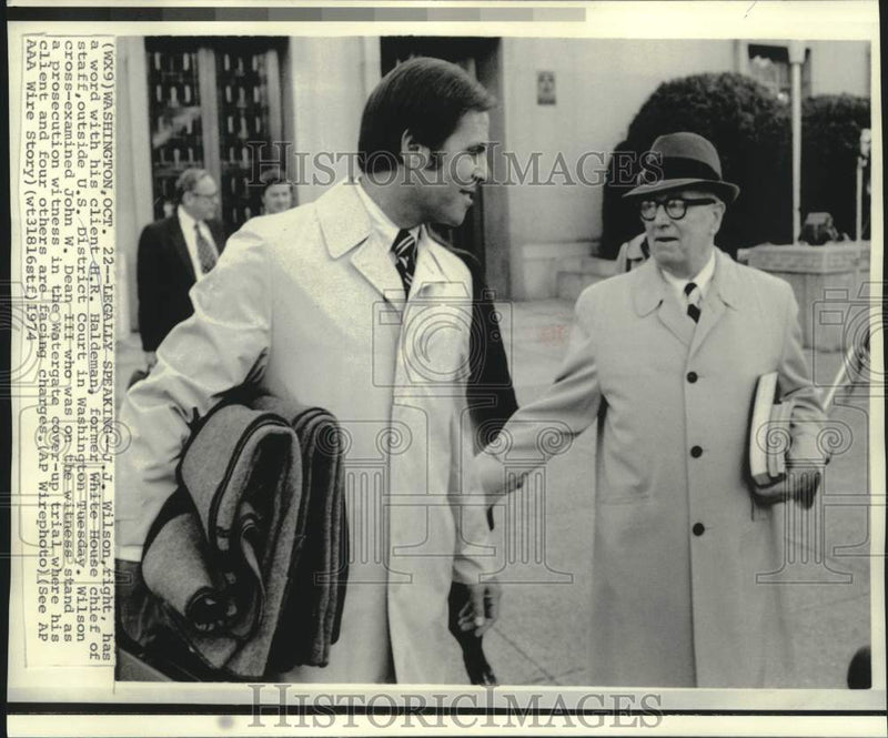 Load image into Gallery viewer, 1974 Press Photo J.J. Wilson &amp; H.R. Haldeman chat outside U.S. District Court
