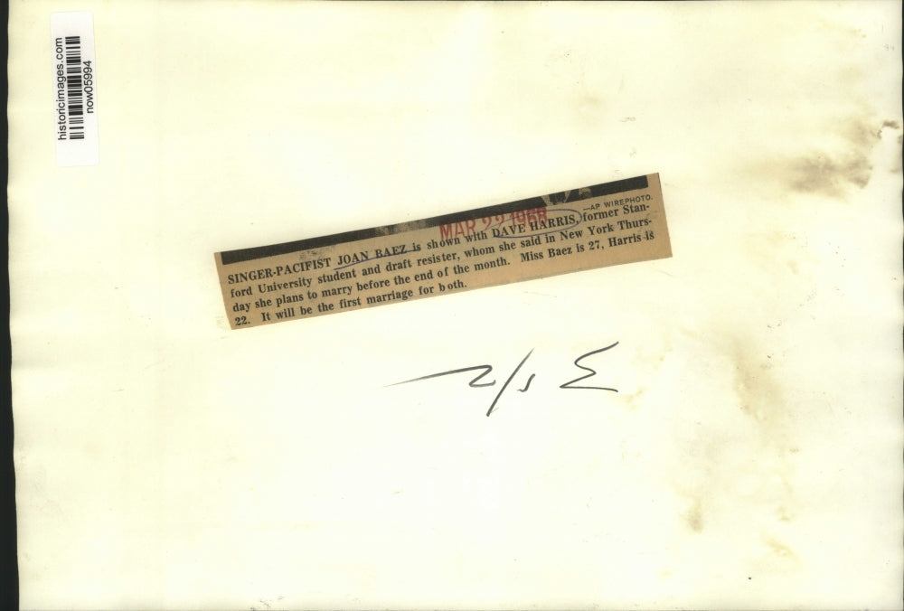 1968 Press Photo Singer-pacifist Joan Baez & Dave Harris, draft resister, to wed