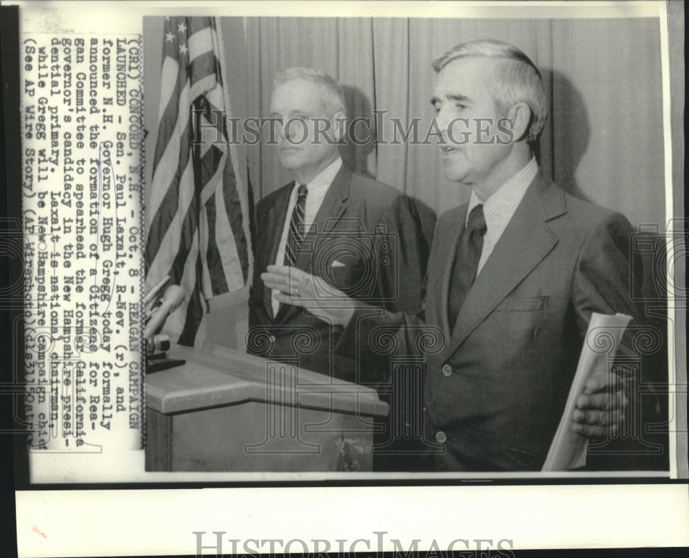 1975 Press Photo Senator Laxalt & NH Governor Gregg launch NH Reagan campaign