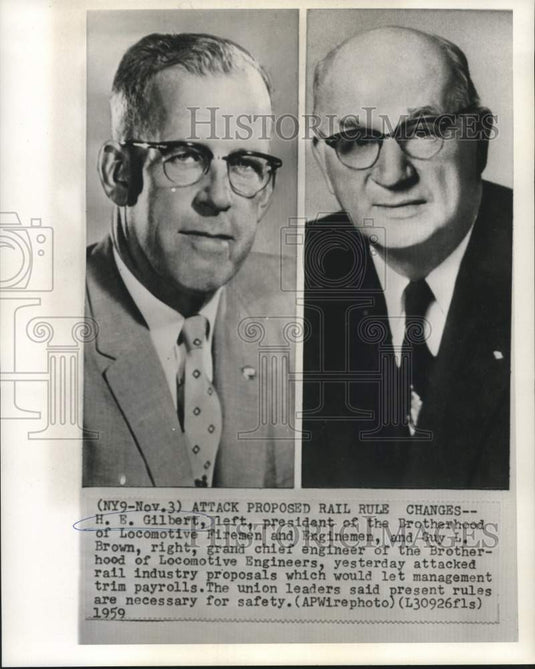 1959 Press Photo H.E. Gilbert & Guy Brown of Brotherhood of Locomotive Engineers