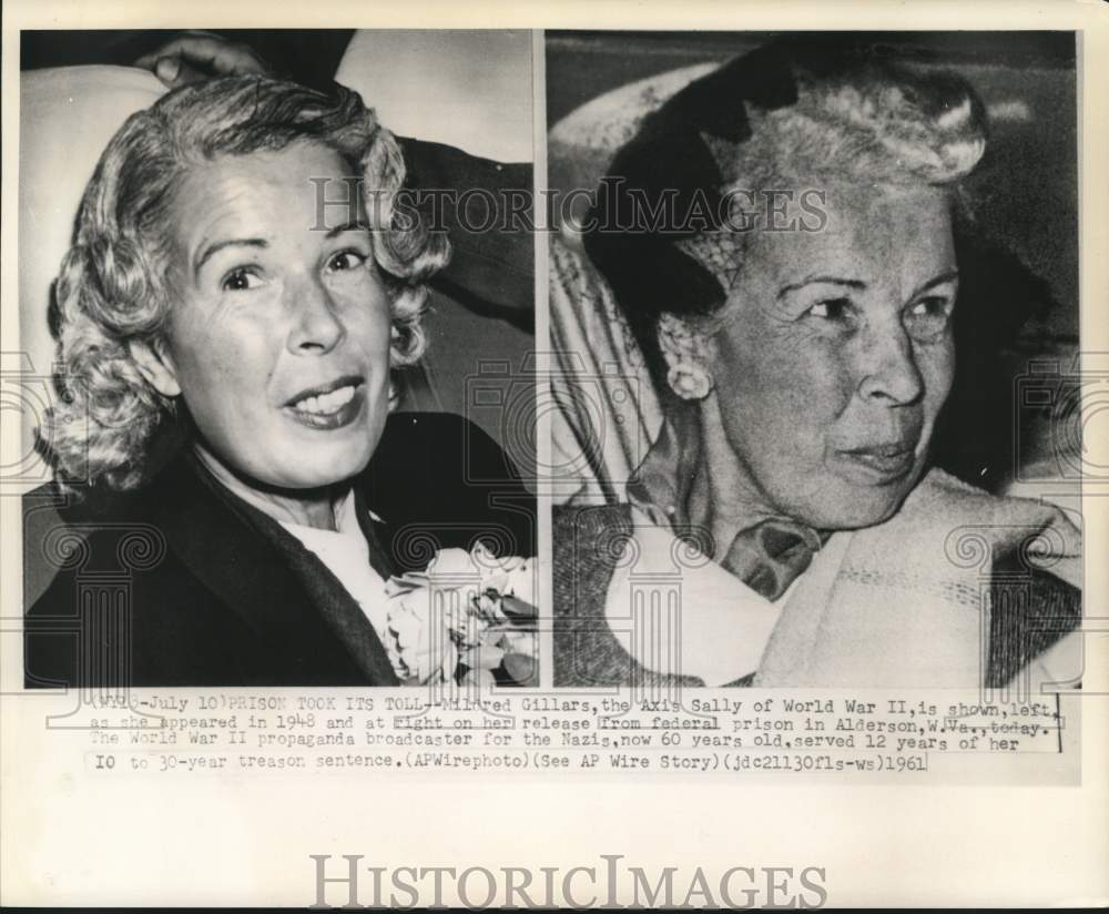 1961 Press Photo Mildred Gillars, Axis Sally, before &amp; after 12 year prison term