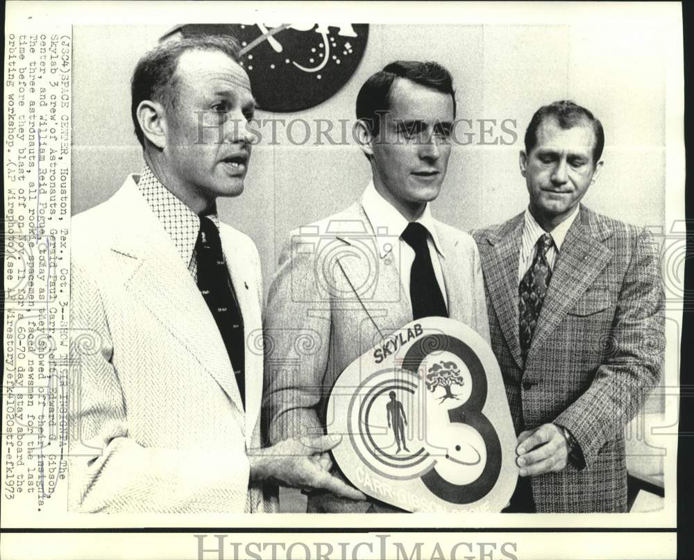 1973 Press Photo Edward Gibson &amp; other astronauts of Spacelab 3 in Houston, TX