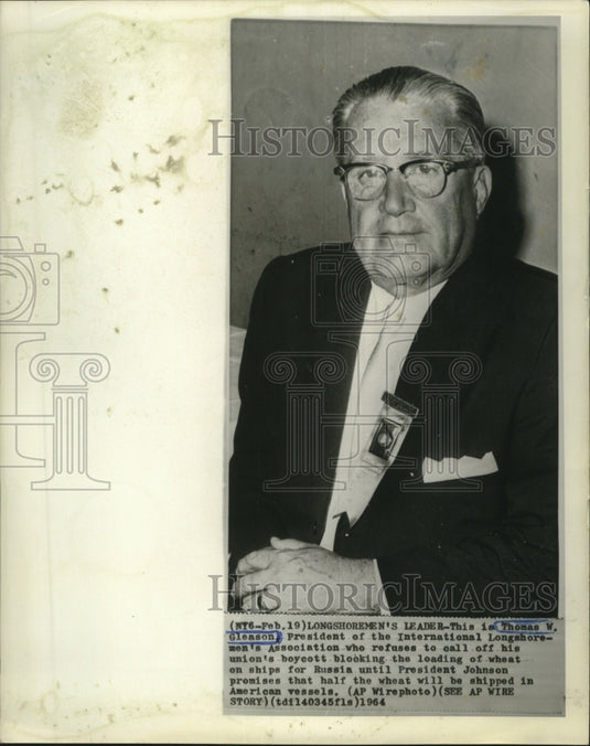 1964 Press Photo International Longshoremen's Union President Thomas Gleason