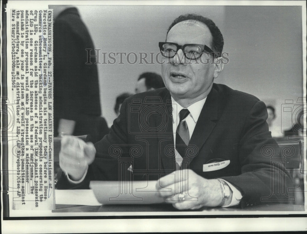 1968 Press Photo Narcotics Commissioner Giordano testifies at House Commerce