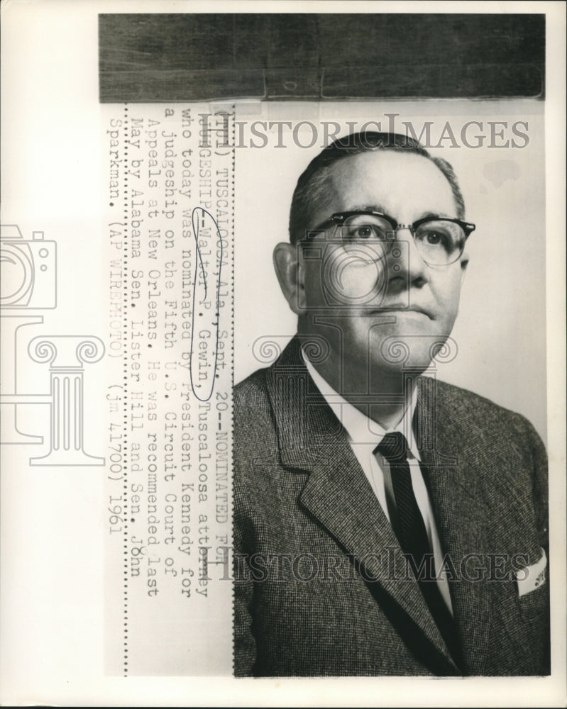 1961 Press Photo Tuscaloosa, AL attorney Walter Gewin nominated for judgeship