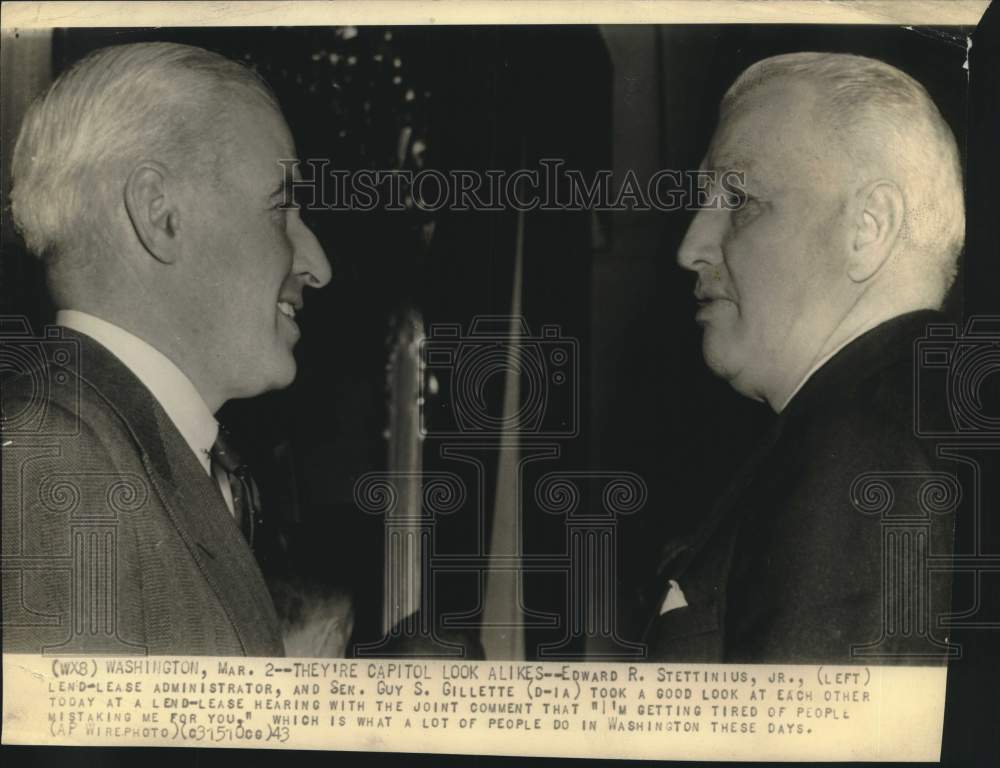 1943 Press Photo Edward Stettinius, Jr. &amp; Guy Gillette, Washington look-alikes