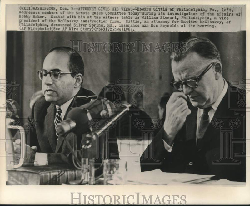 Load image into Gallery viewer, 1964 Press Photo Howard Gettis &amp; Stewart at Senate Rules Committee hearing

