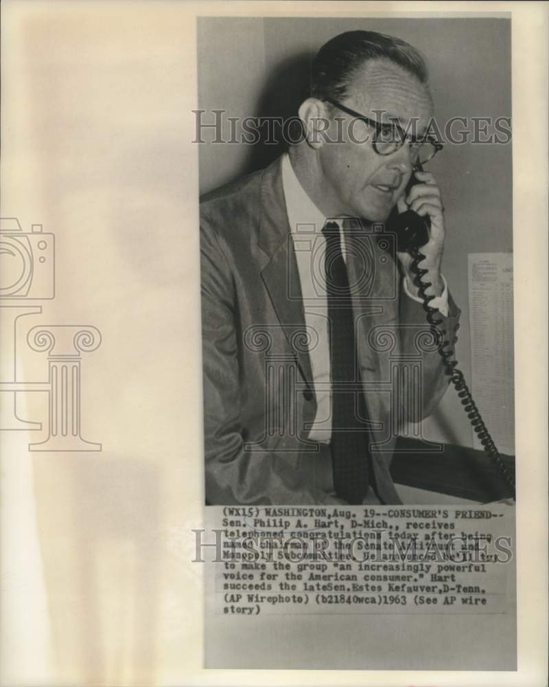 1963 Press Photo Senator Philip Hart congratulated by phone in Washington