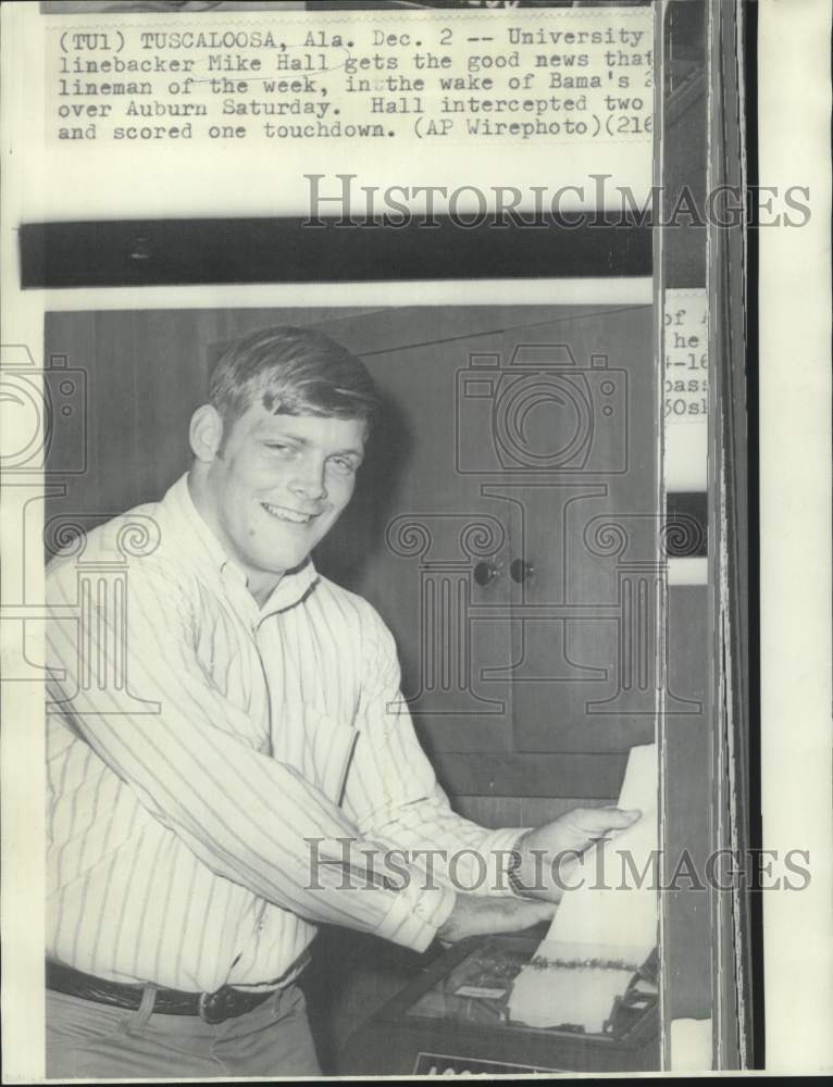 1968 Press Photo University of Alabama linebacker Mike Hall, Lineman of the Week