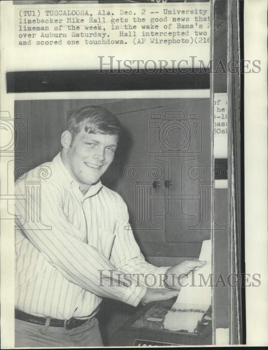 1968 Press Photo University of Alabama linebacker Mike Hall, Lineman of the Week