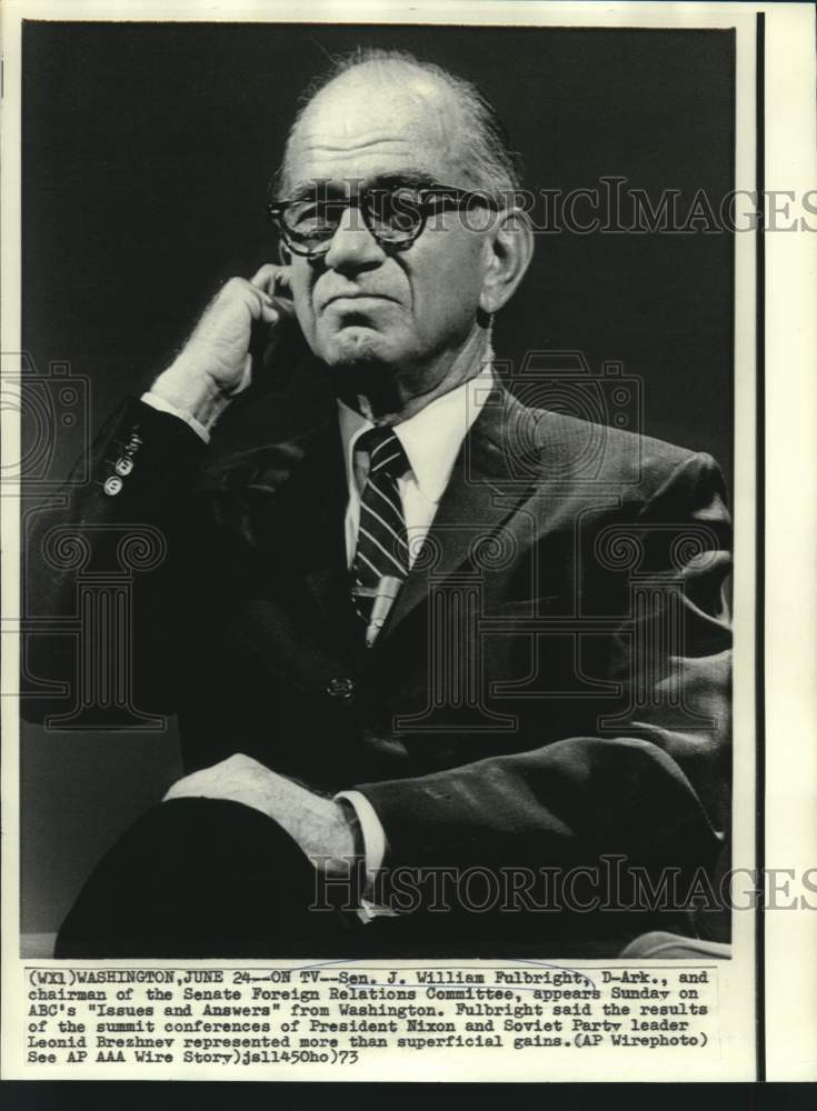 Load image into Gallery viewer, 1973 Press Photo Senator J.William Fulbright, D-AR, on ABC's Issues and Answers
