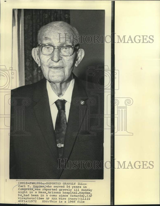 1968 Press Photo Carl T. Hayden served in Congress for 54 years. - now07633