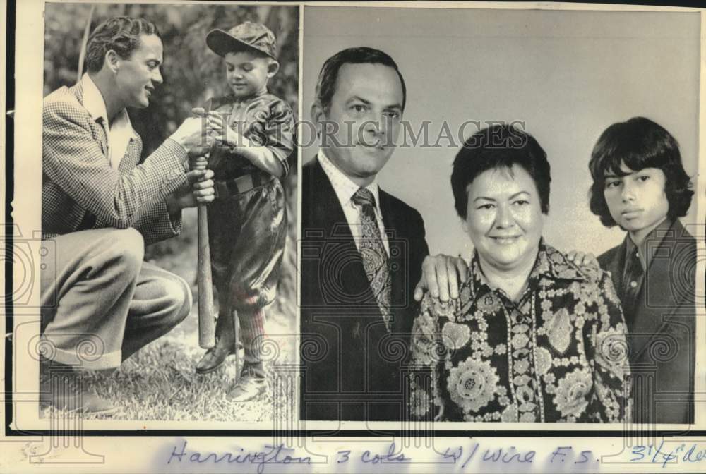 1974 Press Photo Neal Harrington in 1936 with Buddy Rogers &amp; 1974 with family