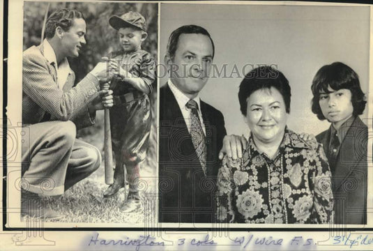 1974 Press Photo Neal Harrington in 1936 with Buddy Rogers & 1974 with family