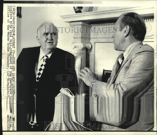 1974 Press Photo President Ford & Paul Hall of Seafarers Union at White House.