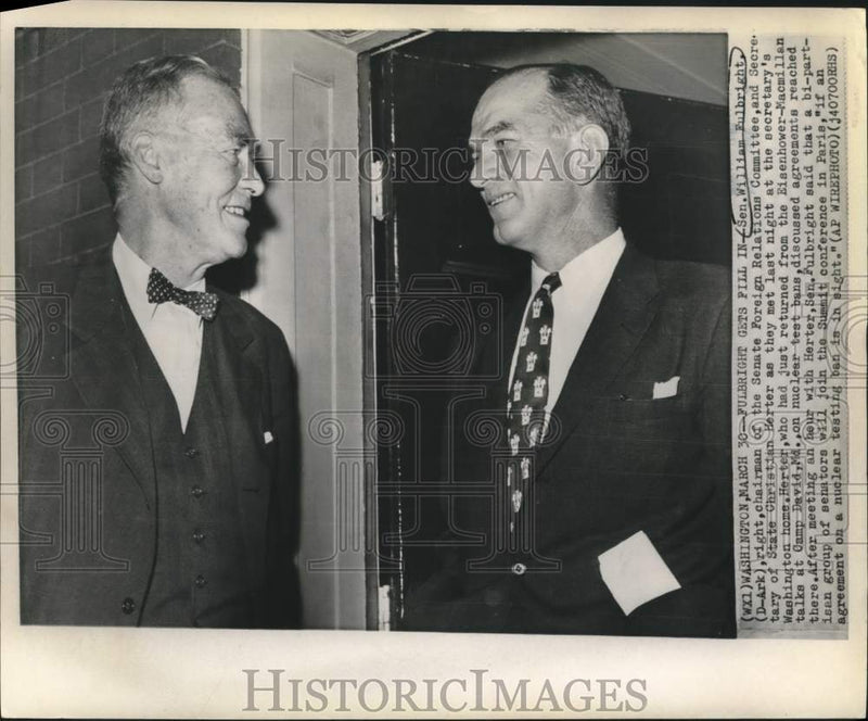 Load image into Gallery viewer, 1960 Press Photo Senators William Fulbright &amp; Christian Herter in Washington
