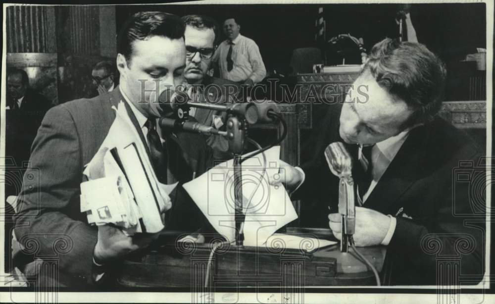 1969 Press Photo Representative Fredric Hayes & others view sex education bill